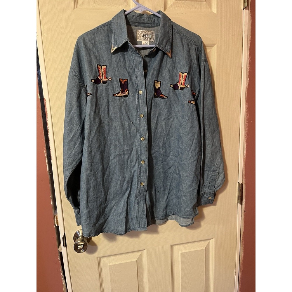 Vision 1 Ladies Denim Chambray Jean Shirt Western Cowgirl Boots Size L Vintage